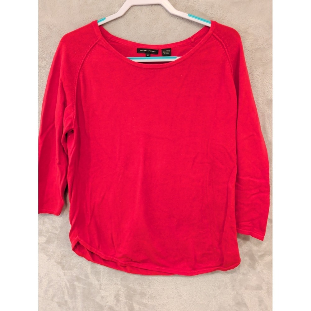 Jeanne Pierre Women's XL Red 100% Cotton Knit Top 3/4 Sleeve Boat Neck